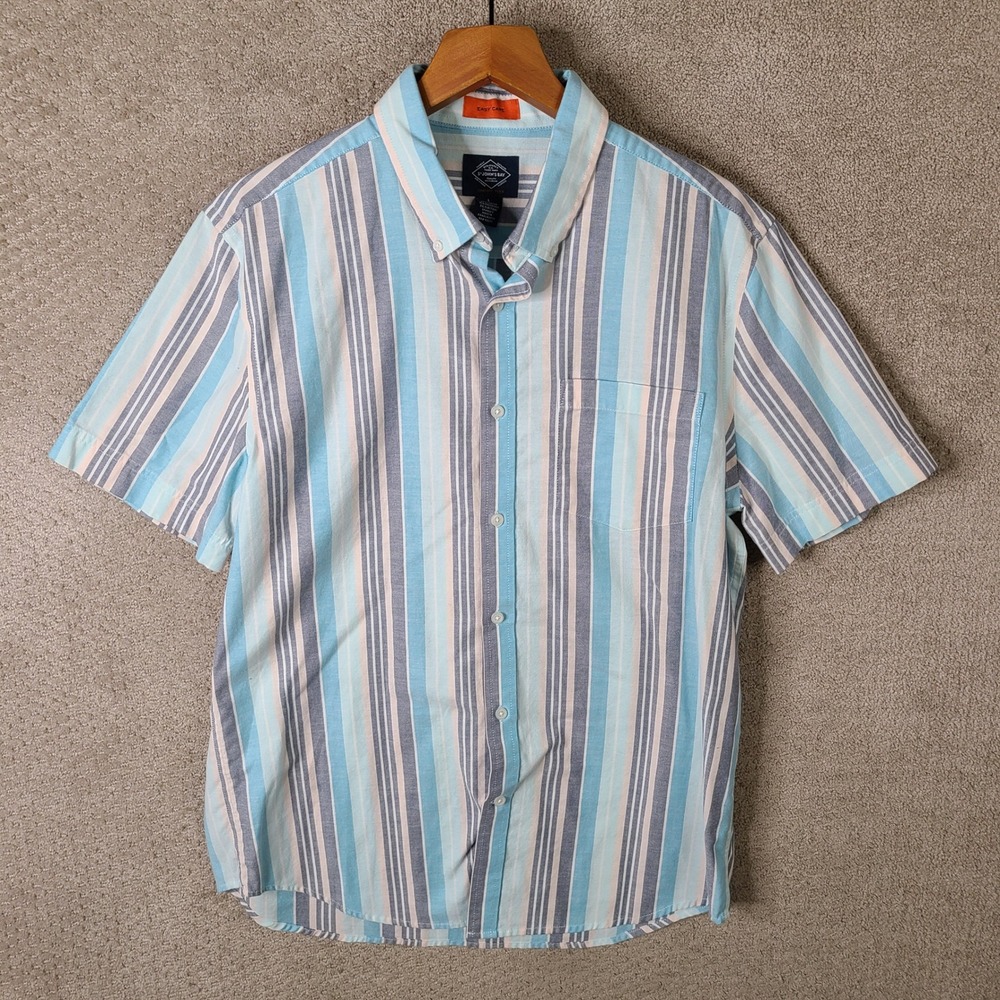 St Johns Bay Shirt Men L Blue Gray Stripe Button Down Comfort Flex Cotton Casual
